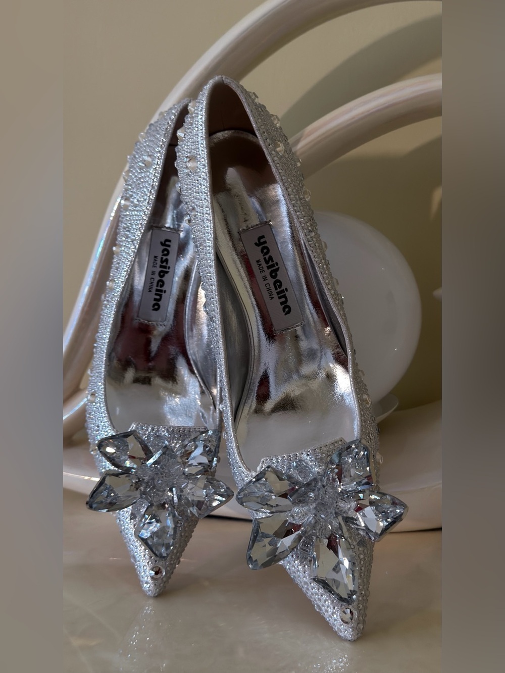 Crystal Embellished Pointed Toe Pumps in Silver - Picture 7 of 16